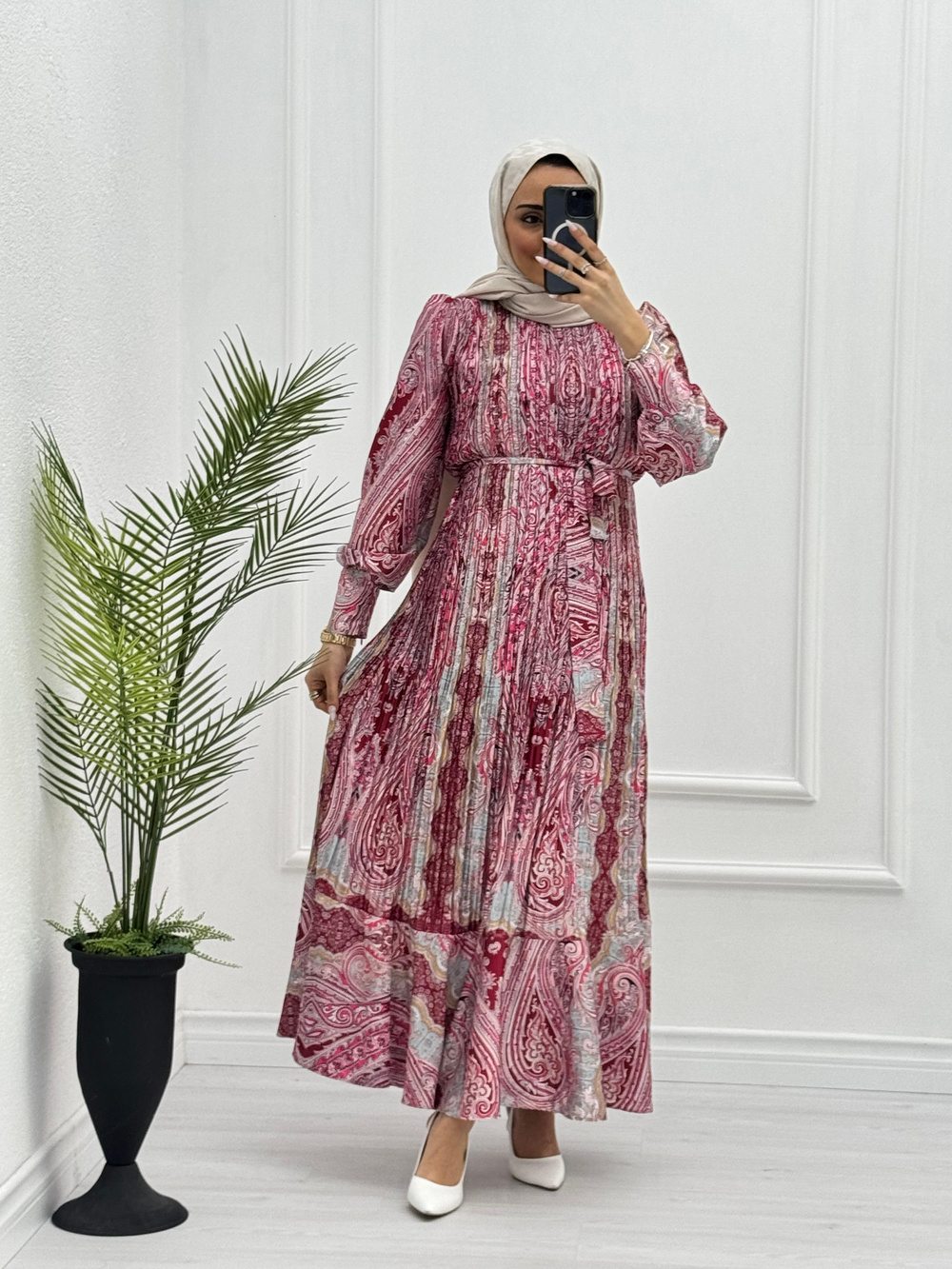3243-Patterned Elbise-Pembe