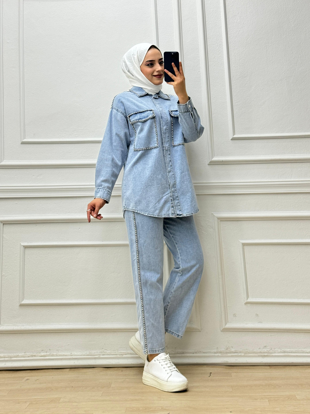 5880-İncili Denim Takım-Mavi