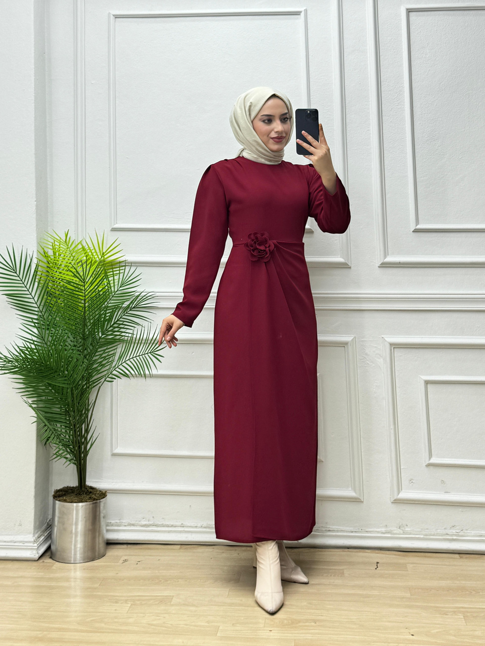 7433-Gül Broşlu Elbise-Bordo