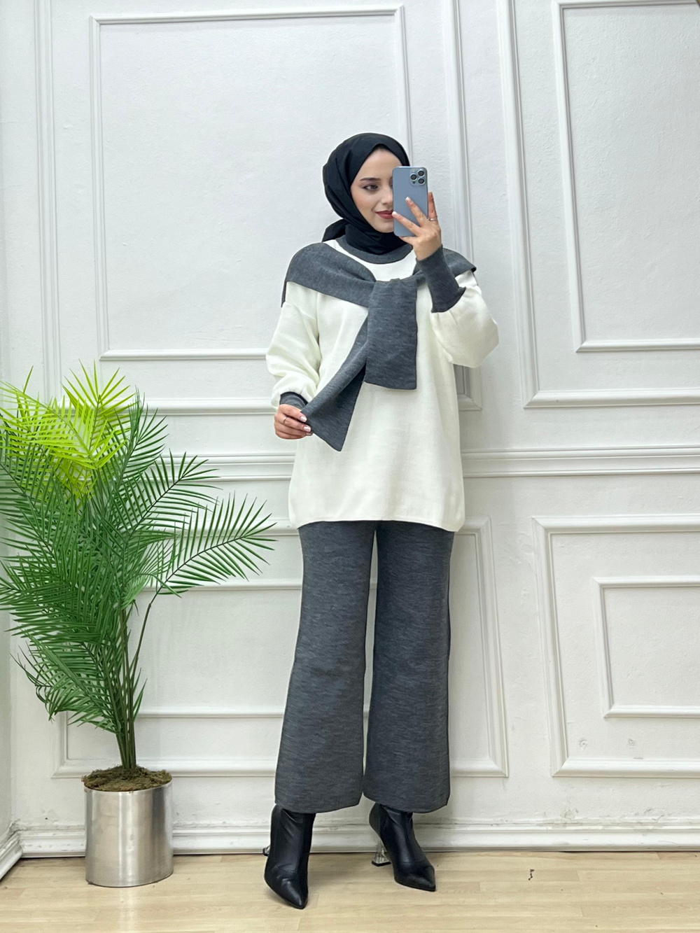 9532-Selin Triko Takım-Gri