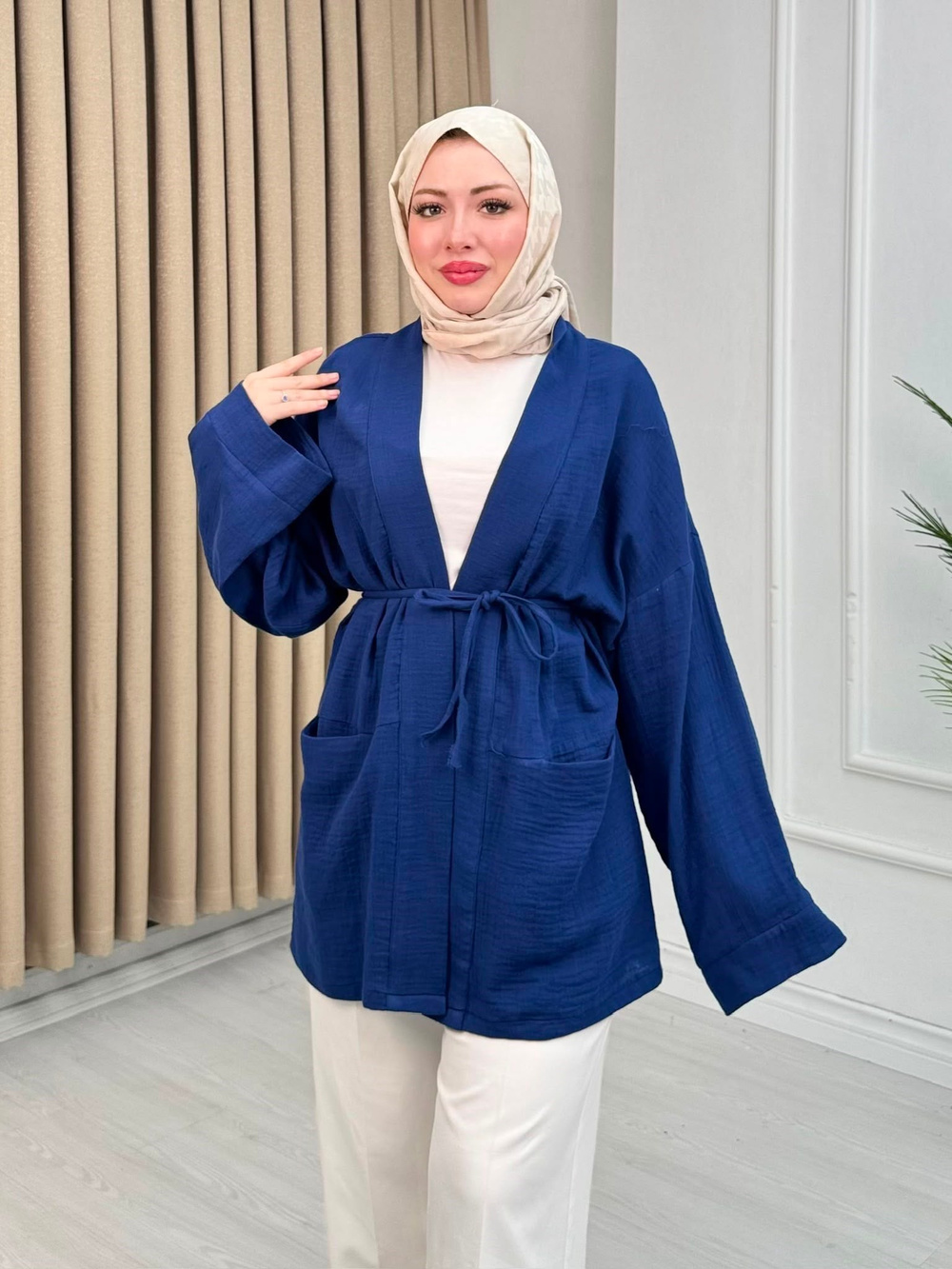 Gb0012-Müslin Kimono-Mavi