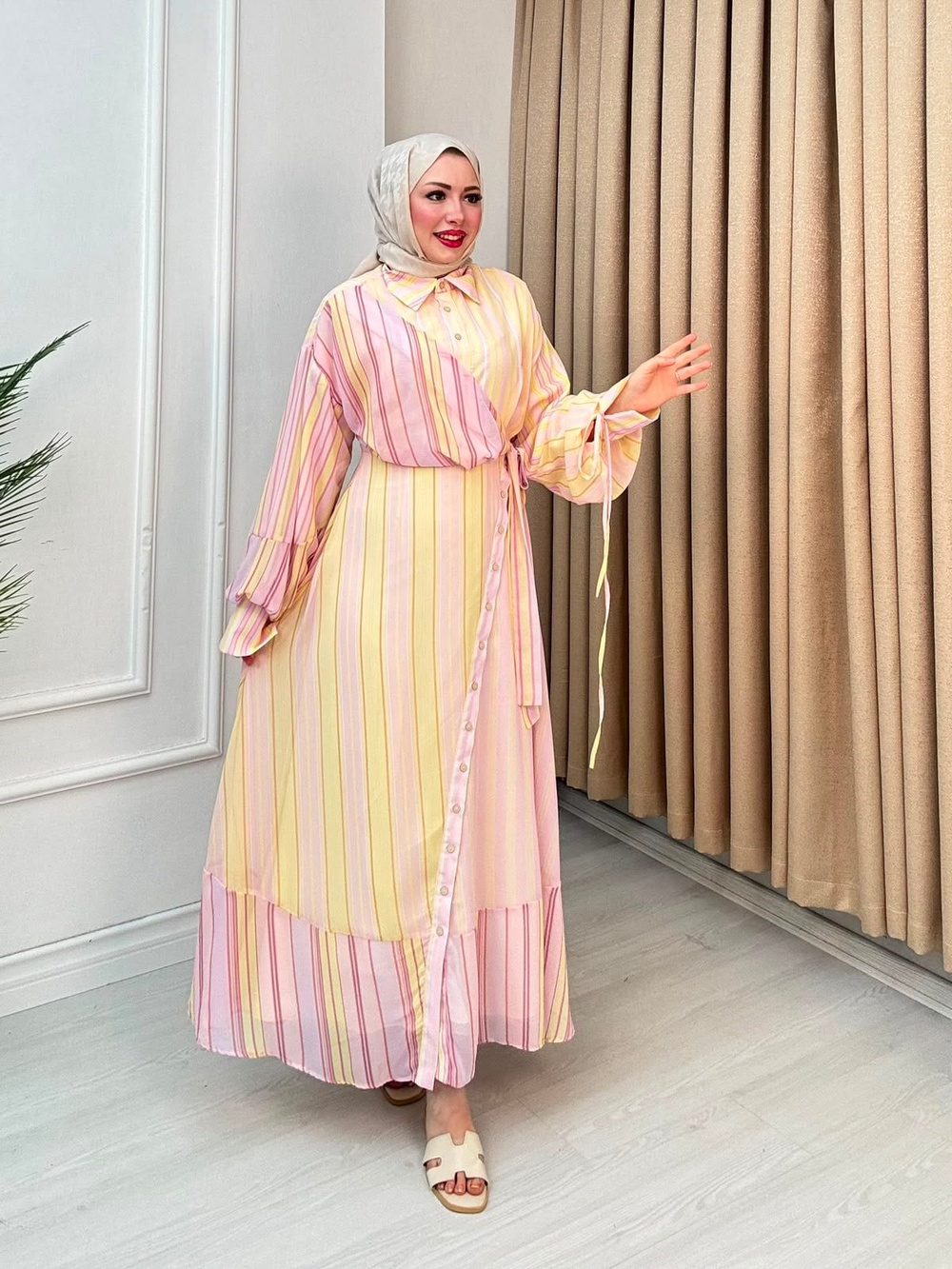 Hf6800-Vual Çizgili Elbise-Pembe