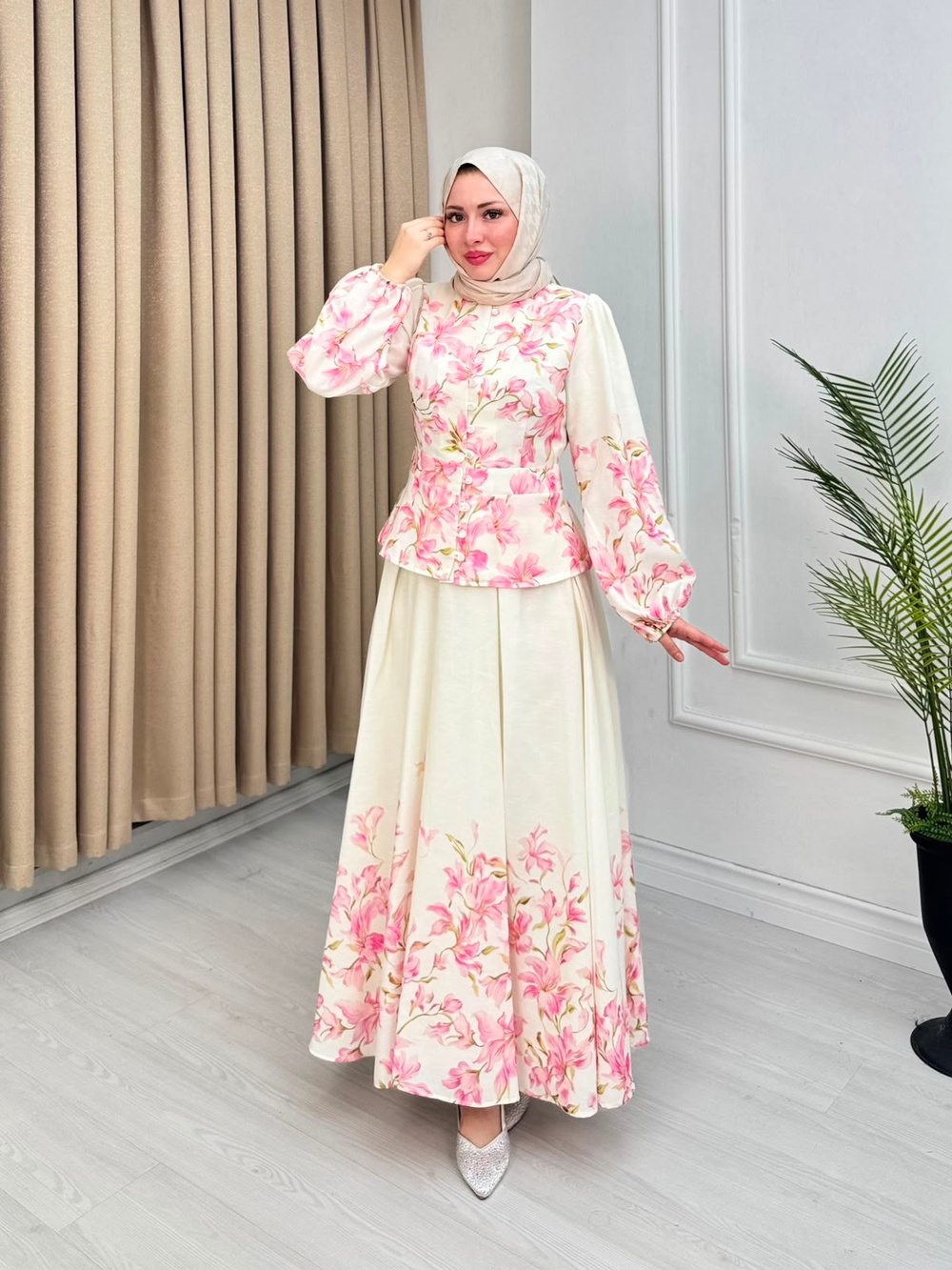 Hx4465-Lavinya Keten Takım-Pembe