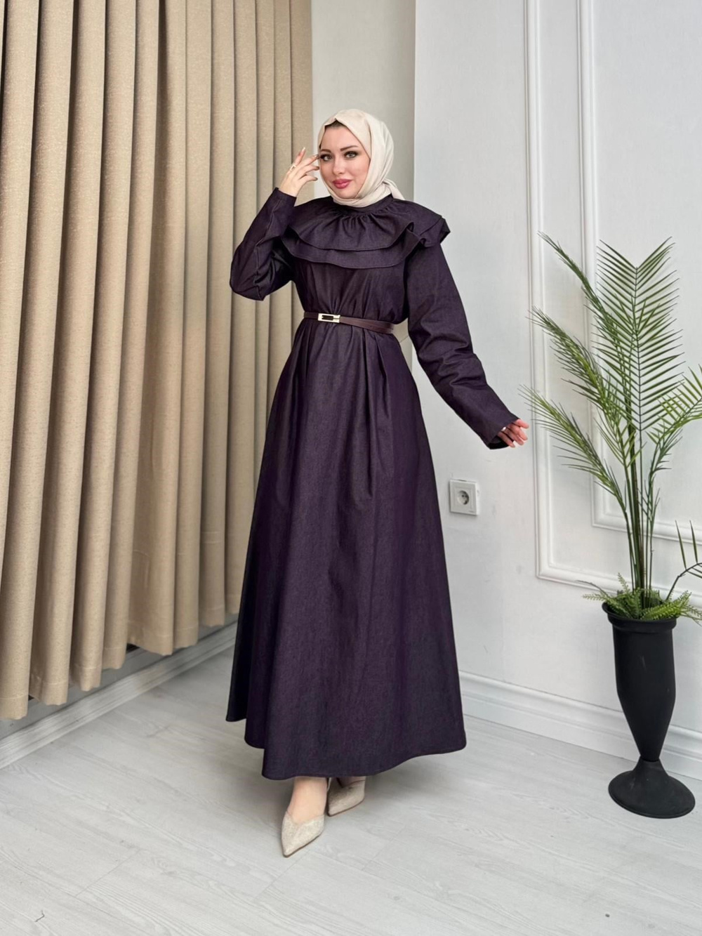 Jb2354-Pamuklu Denim Elbise-Mürdüm