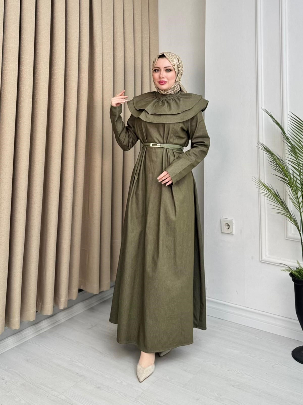 Jb2354-Pamuklu Denim Elbise-Yeşil