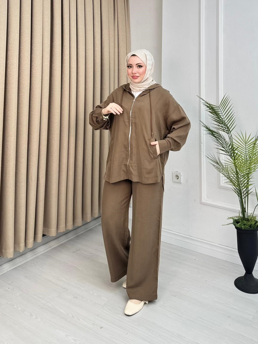 Lm5364-Fermuarlı Casual Pantolon Takım-Kahverengi