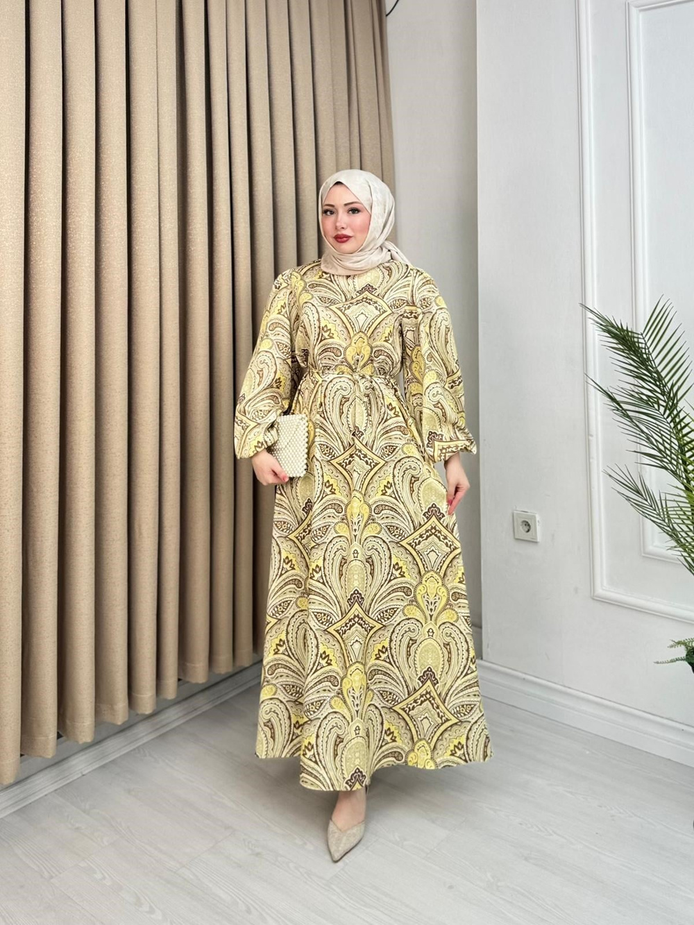 Lw2567-Kayra İpek Saten Elbise-Sarı