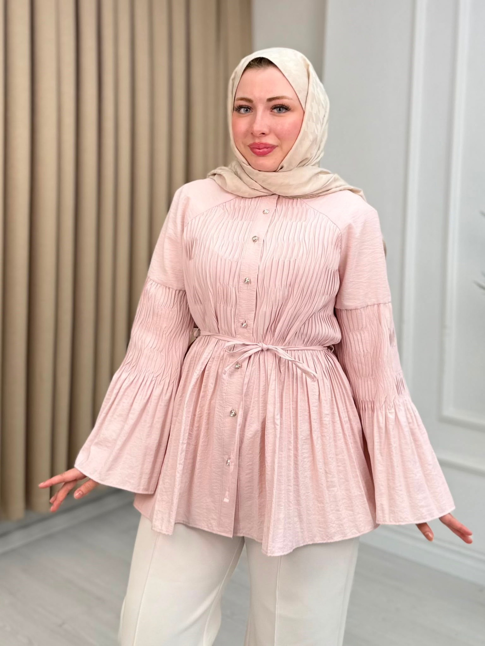 Me2201-Kalp Düğmeli Pamuklu Gömlek-Pembe