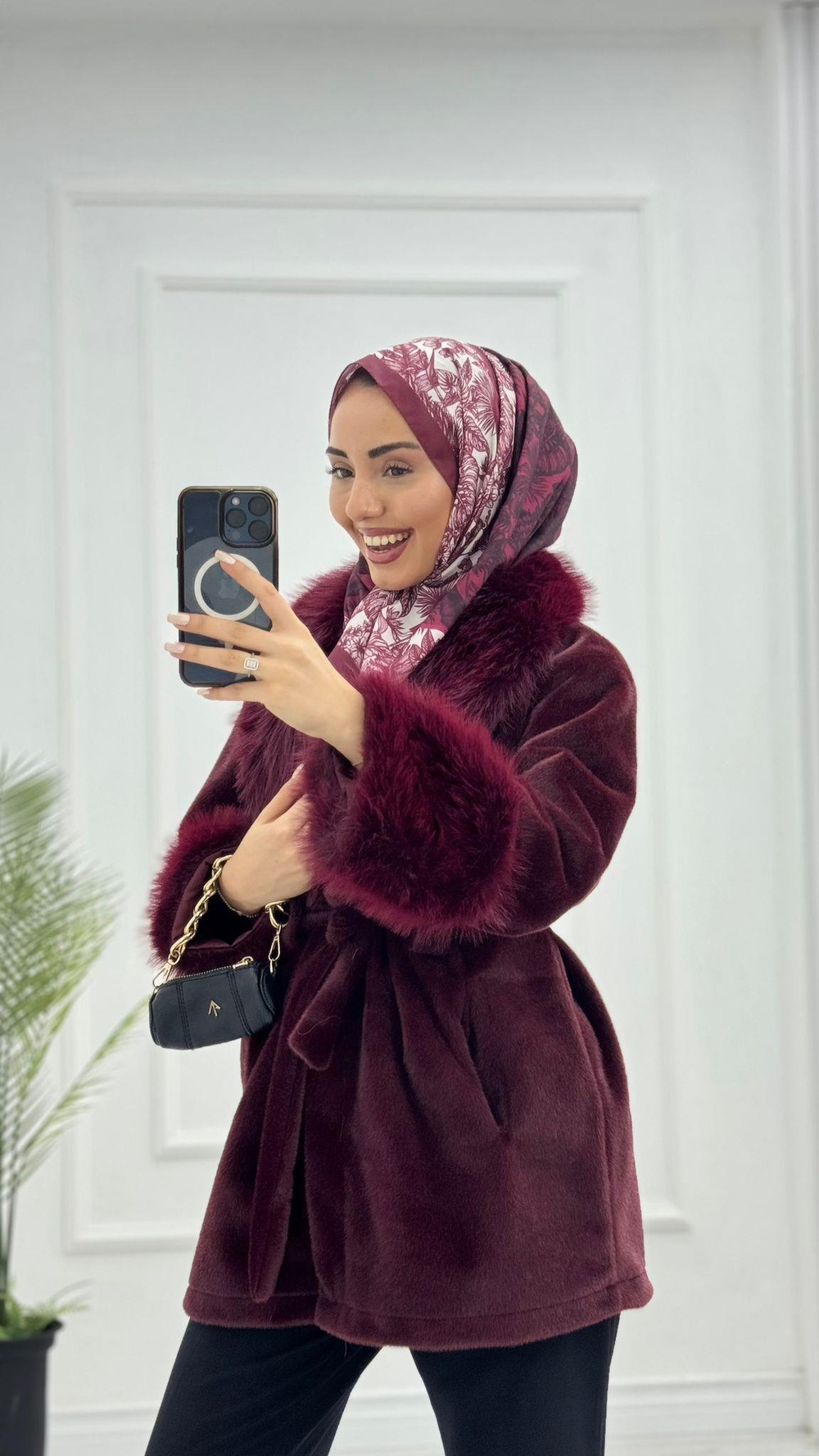 Mx0144-Elegant Kürk Kaban-Bordo