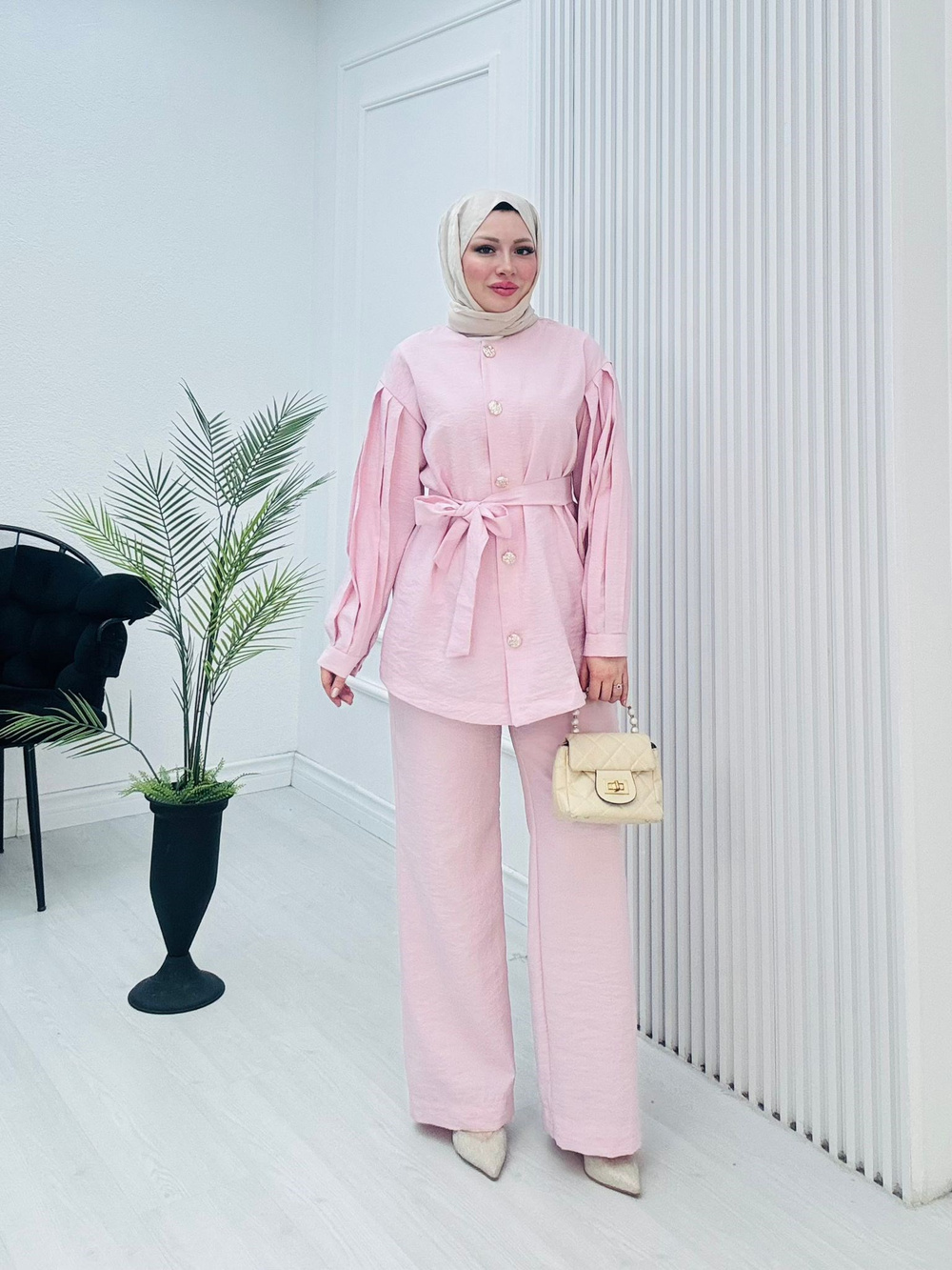 Pr3634-Cupra Dubai Pantolonlu Takım-Tozlu Pembe