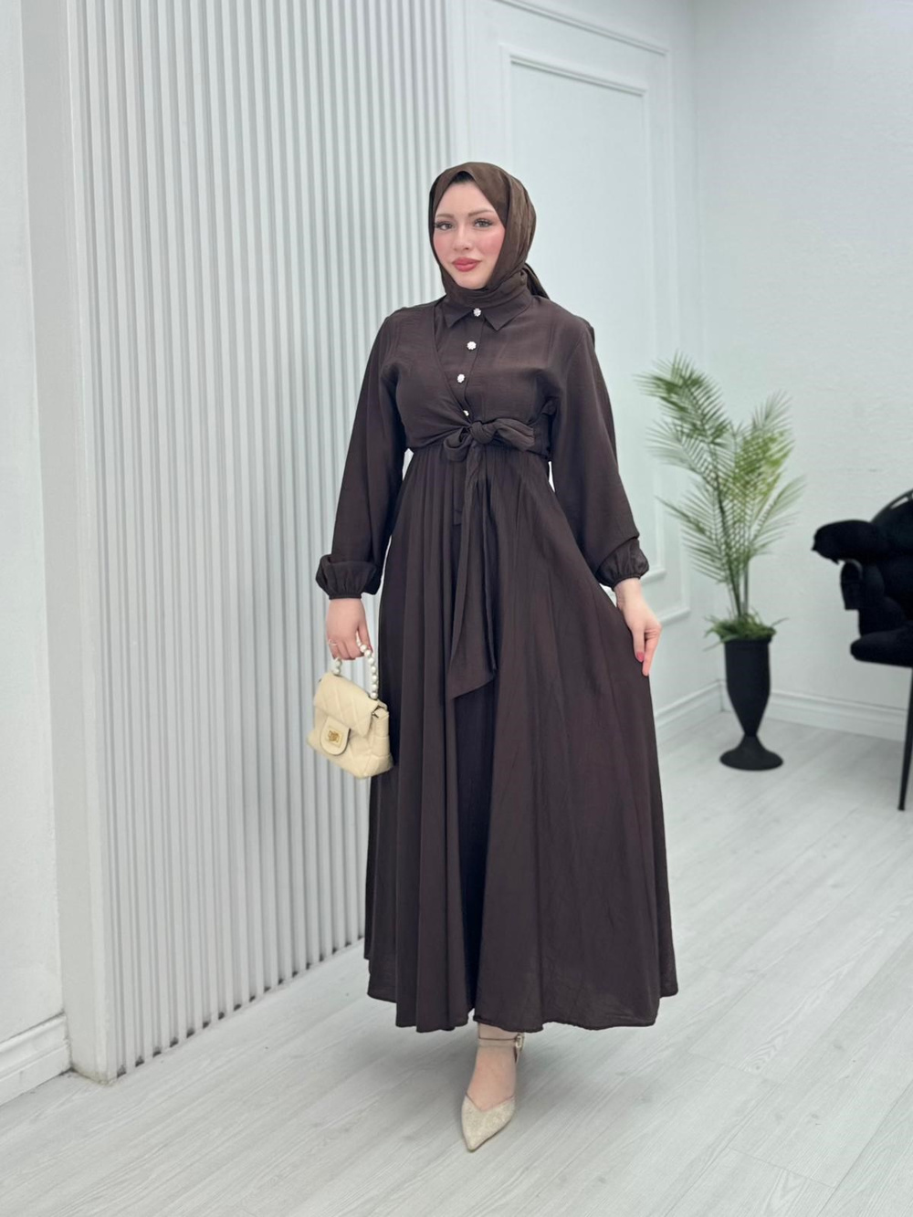 Pw2566-Çilek Kumaş Bağlamalı Elbise-Kahverengi
