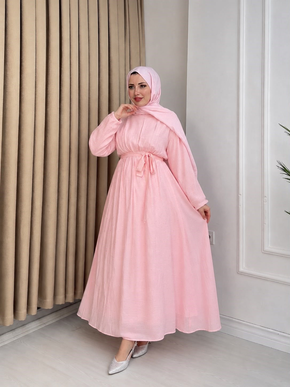 Px6792-Simli Vual Elbise-Pembe