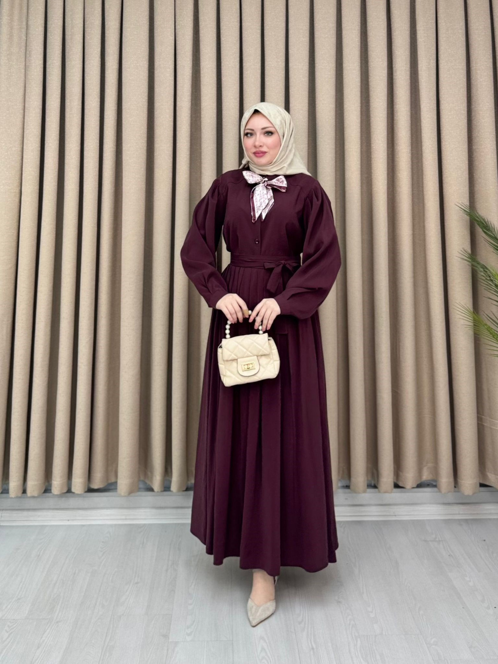 Qb3423-Tensel Etekli Takım-Mürdüm