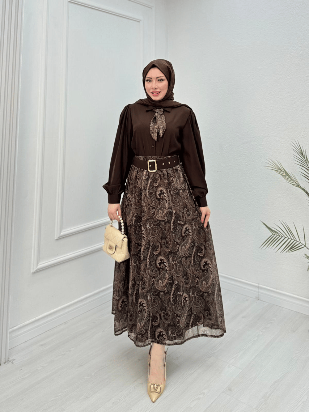 Qb3456-Maria Etek Takım-Kahverengi
