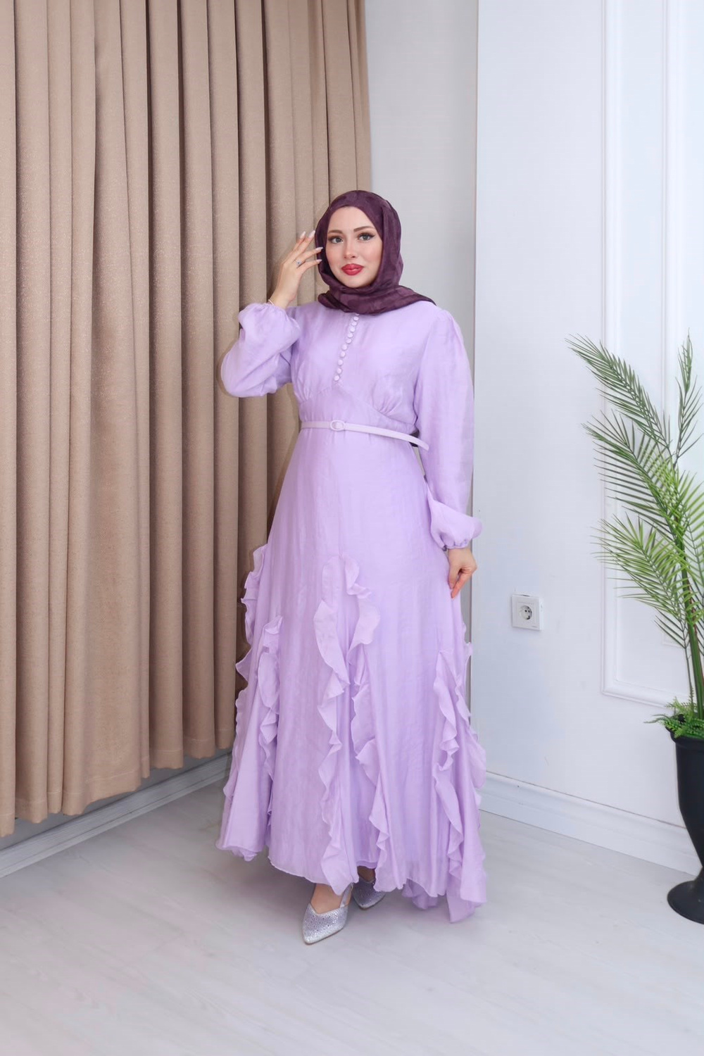 Qd6810b-Vual Asimetrik Kemerli Elbise-Lila