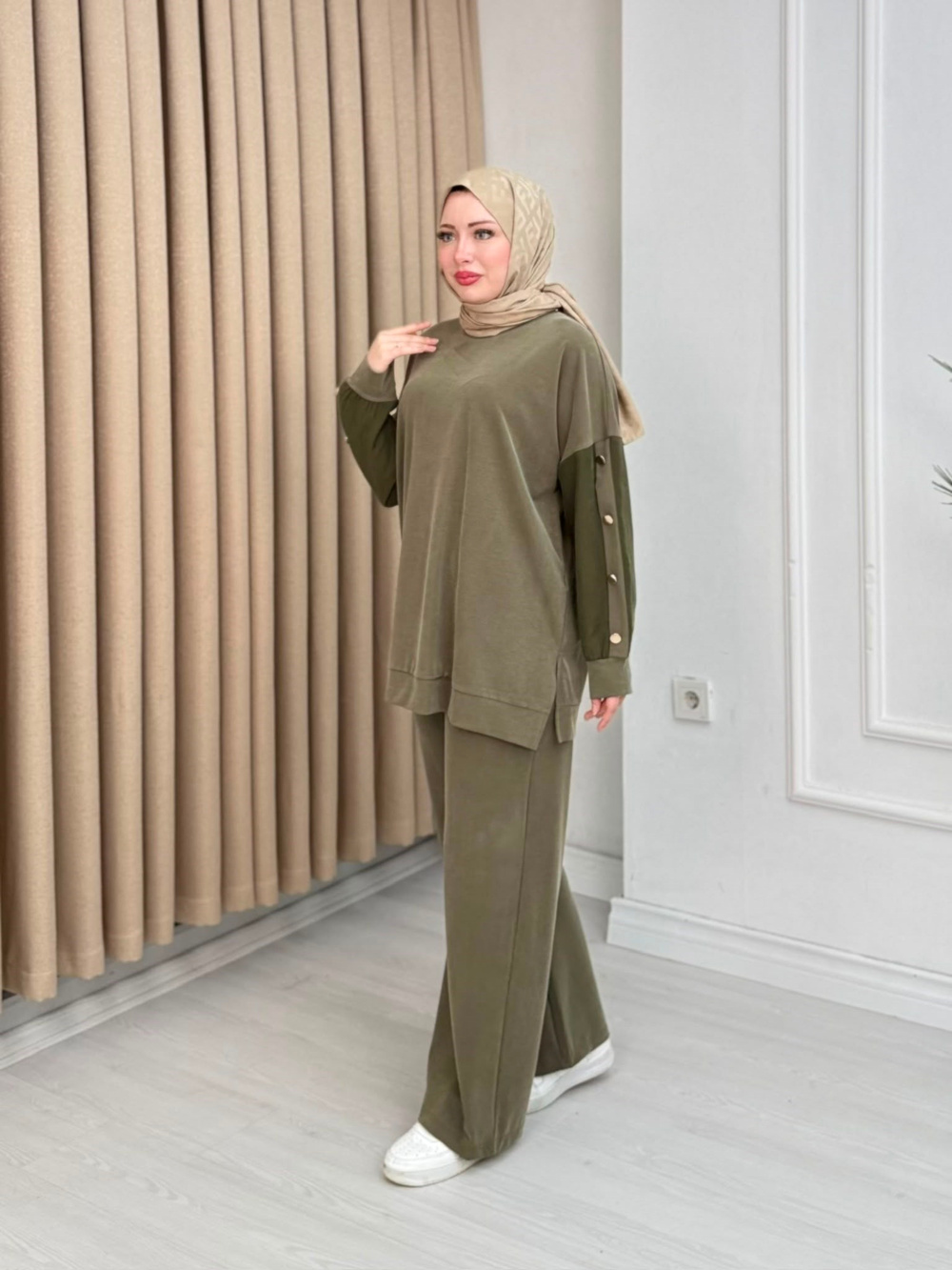 Qh5558-Mira Düğme Detaylı Takım-Yeşil
