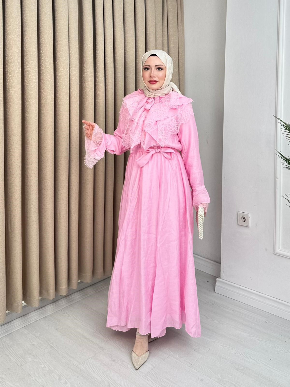 Qw5297-Dantelli Vual Elbise-Pembe