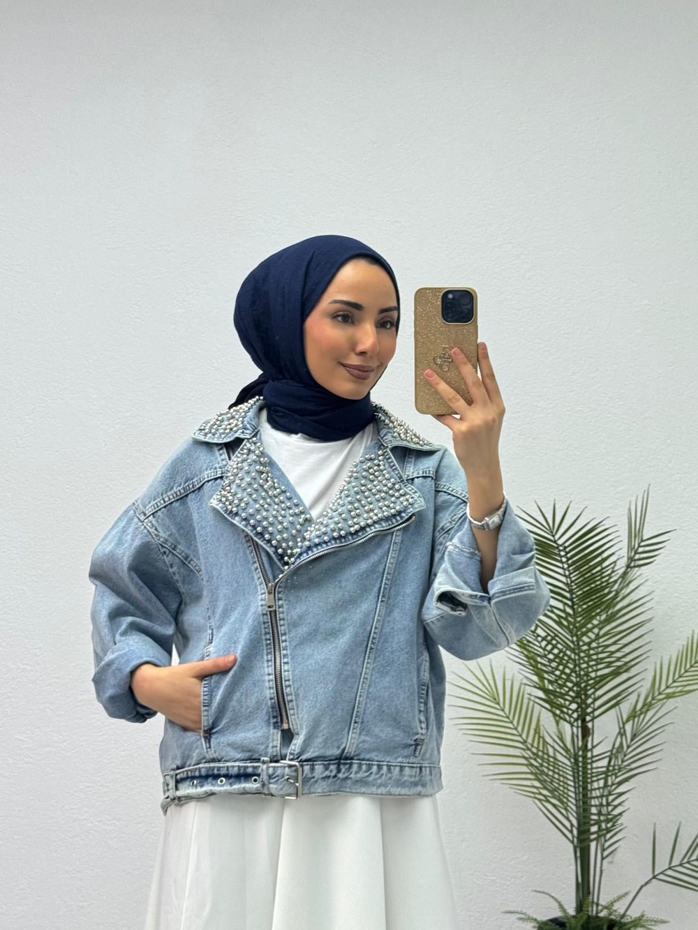 Qx3542-İncili Kot Ceket-Mavi