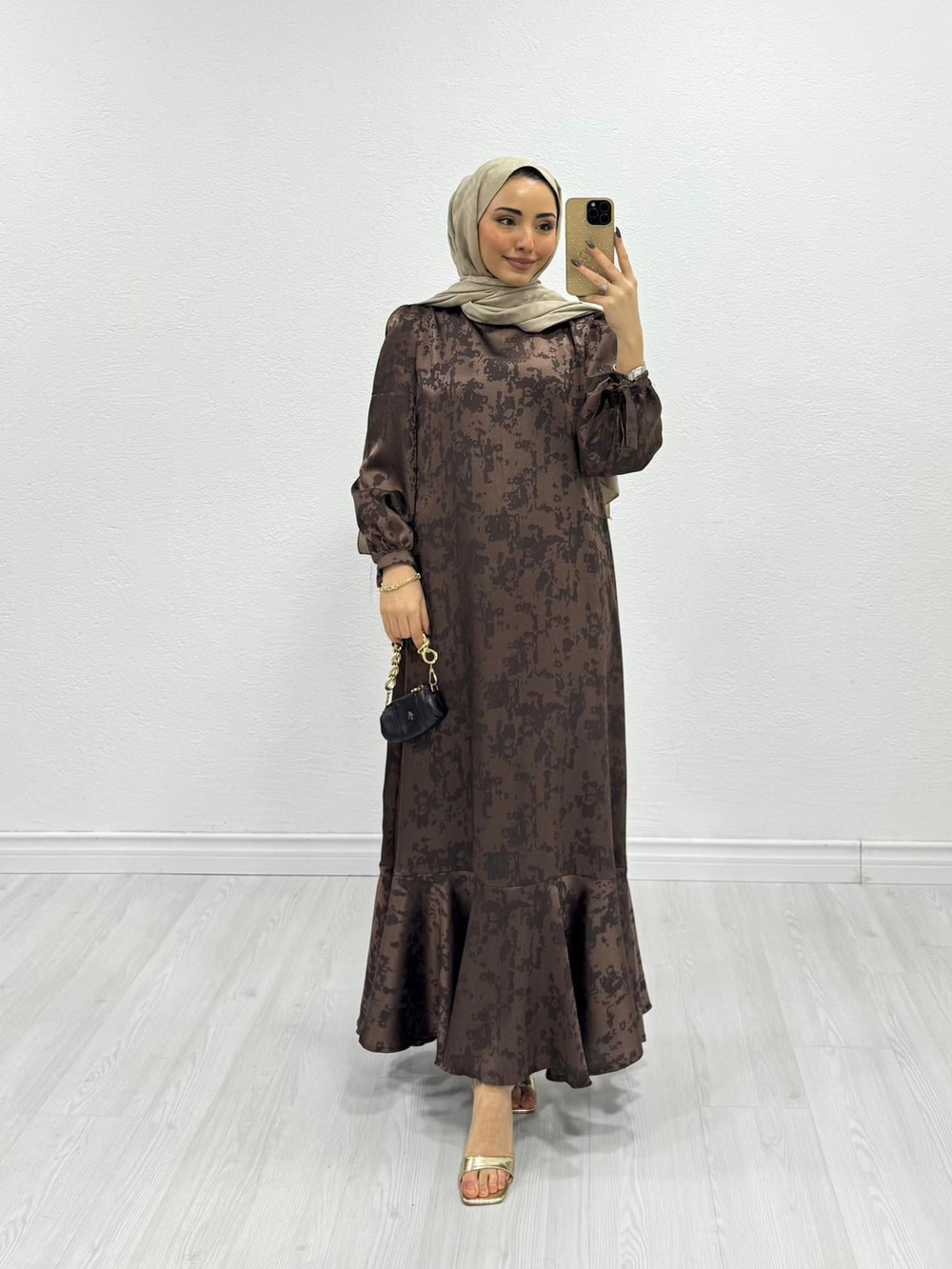 Qx8755-Batik Desen Jakar Elbise-Kahverengi