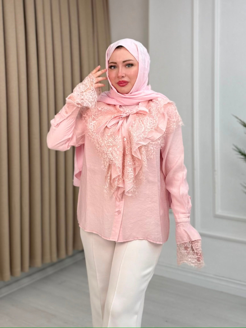 Qz2167-Dantel Detaylı Vual Gömlek-Pastel Pembe