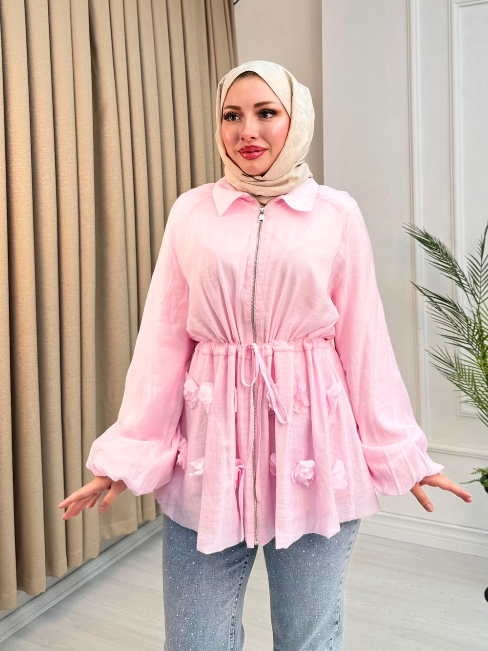 Rb6743-Vual Biye Kemerli Tunik-Pembe