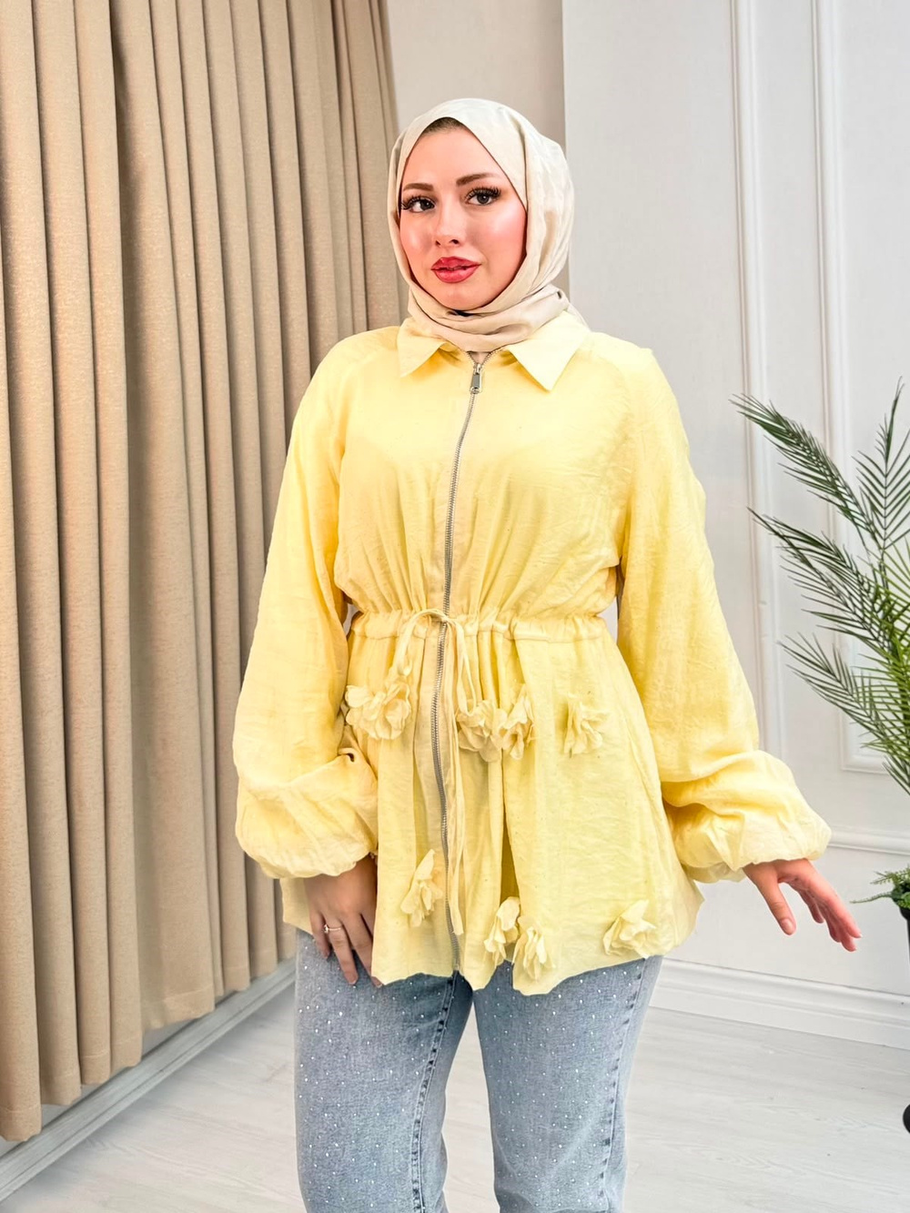 Rb6743-Vual Biye Kemerli Tunik-Sarı
