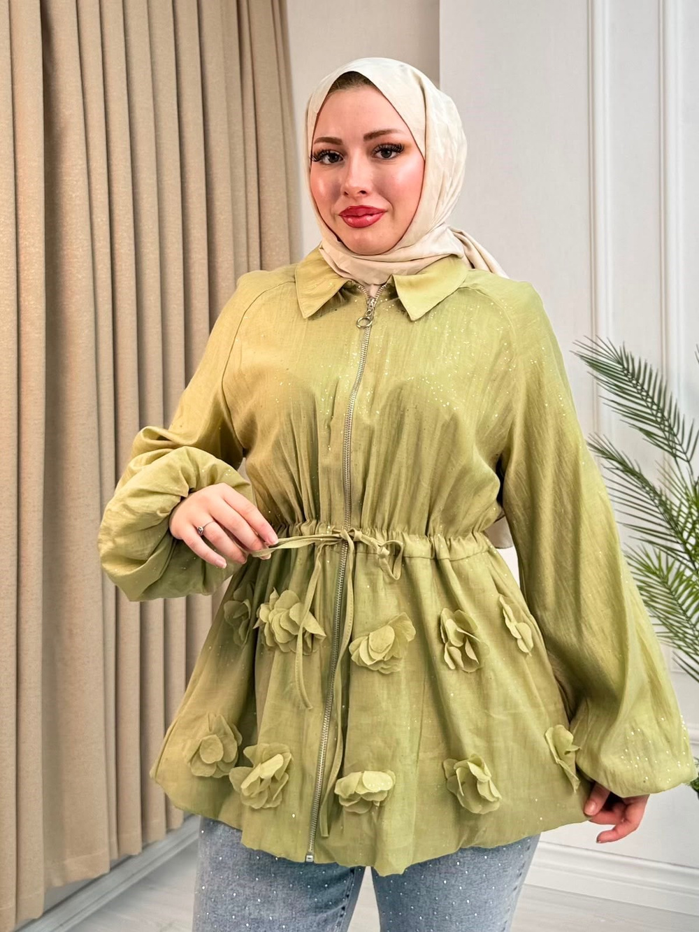 Rb6743-Vual Biye Kemerli Tunik-Yeşil