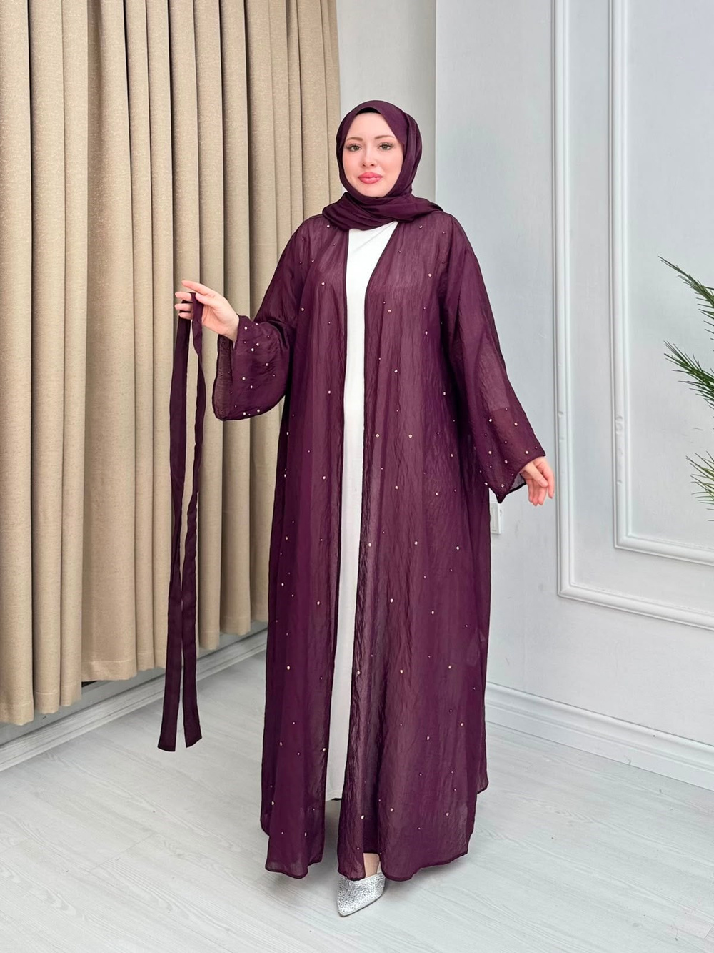 Rb6799-Vual Taş Serpme Kimono+Şallı Set-Mürdüm