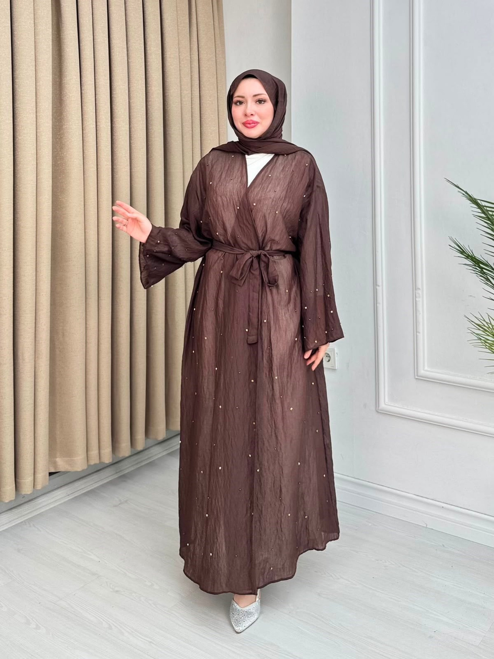 Rb6799-Vual Taş Serpme Kimono+Şallı Set-Koyu Kahverengi