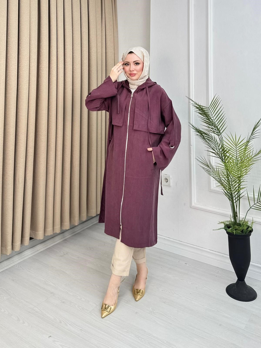 Rh3979-Pelerin Detaylı Kapüşonlu Uzun Kap-Mürdüm
