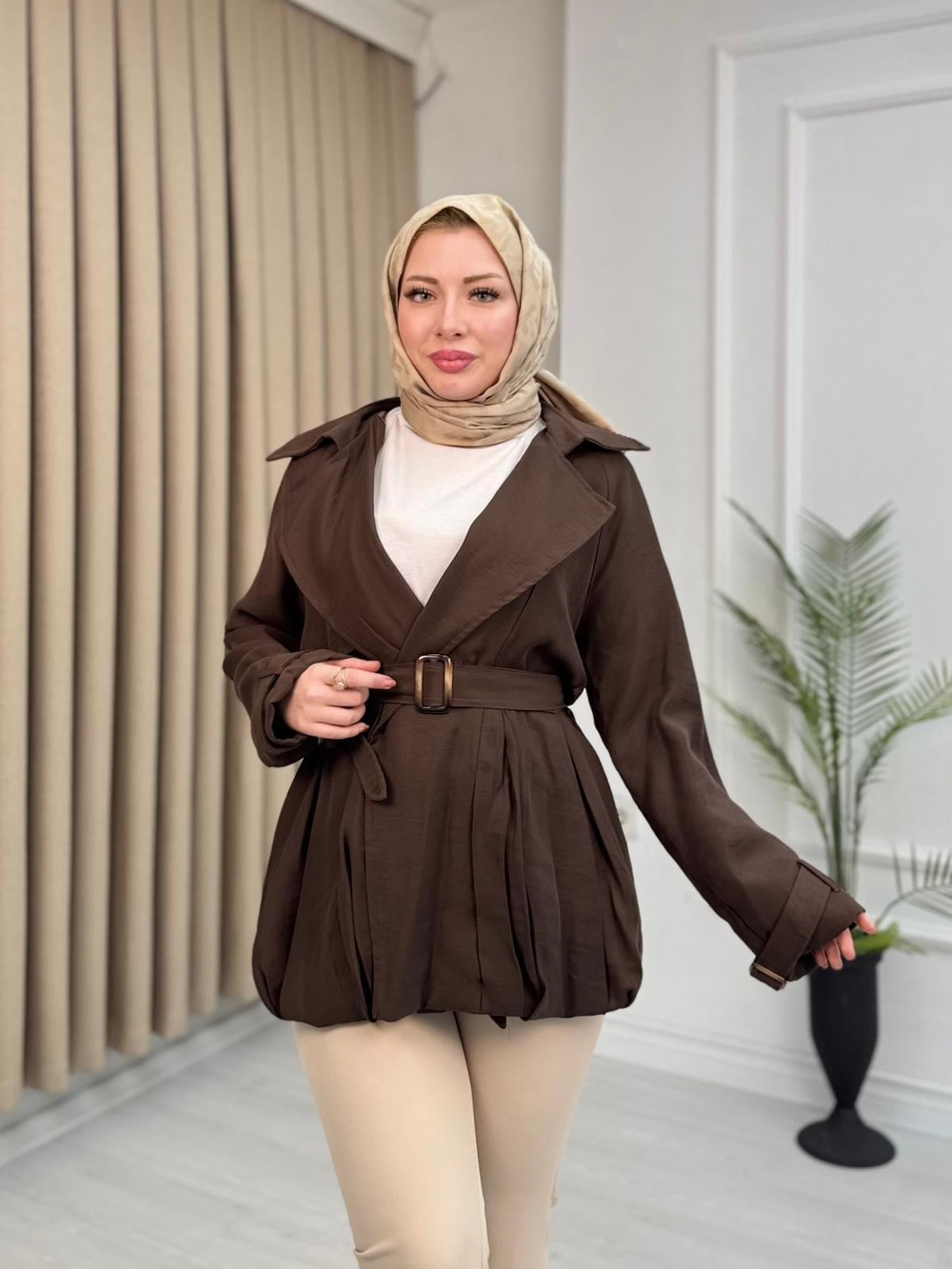 Rw3978-İçi Astarlı Tensel Trençkot-Kahverengi