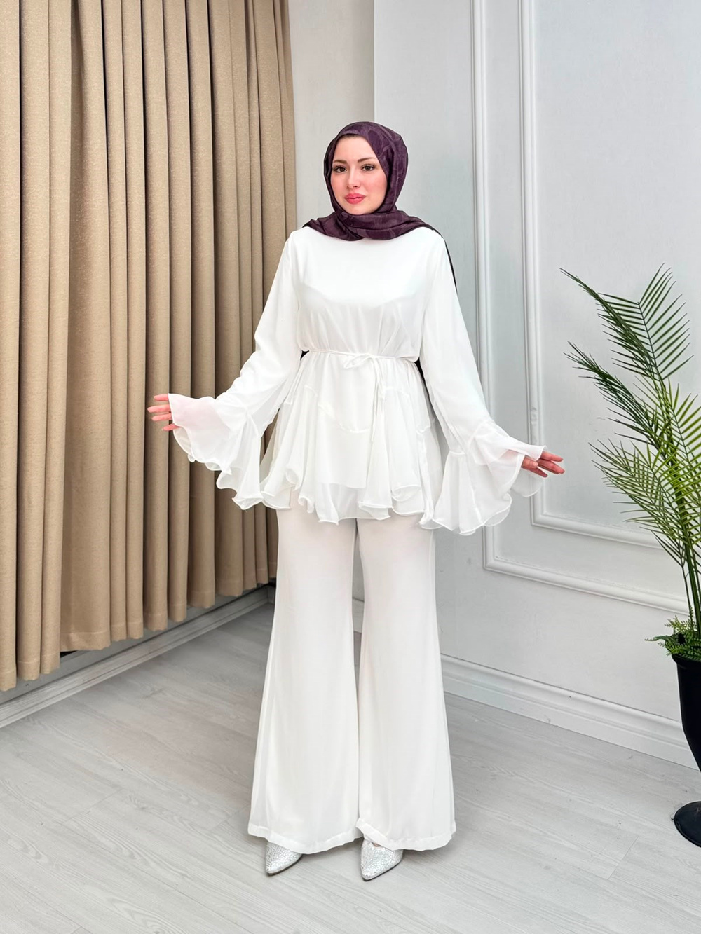 Sf5567-Şifon Pantolonlu Takım-Beyaz