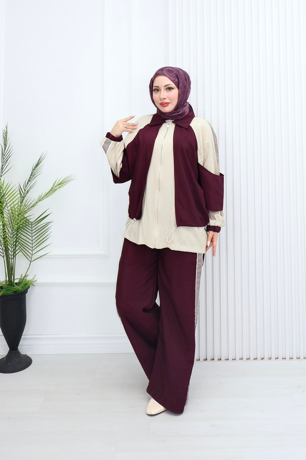 Sr5579c-Vual Cepli Fermuarlı Pantolonlu Takım-Mürdüm