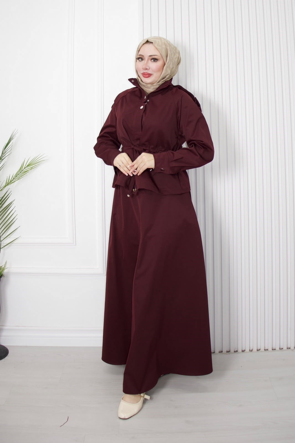 Şx6489-Adriana Kumaş Etekli Takım-Mürdüm