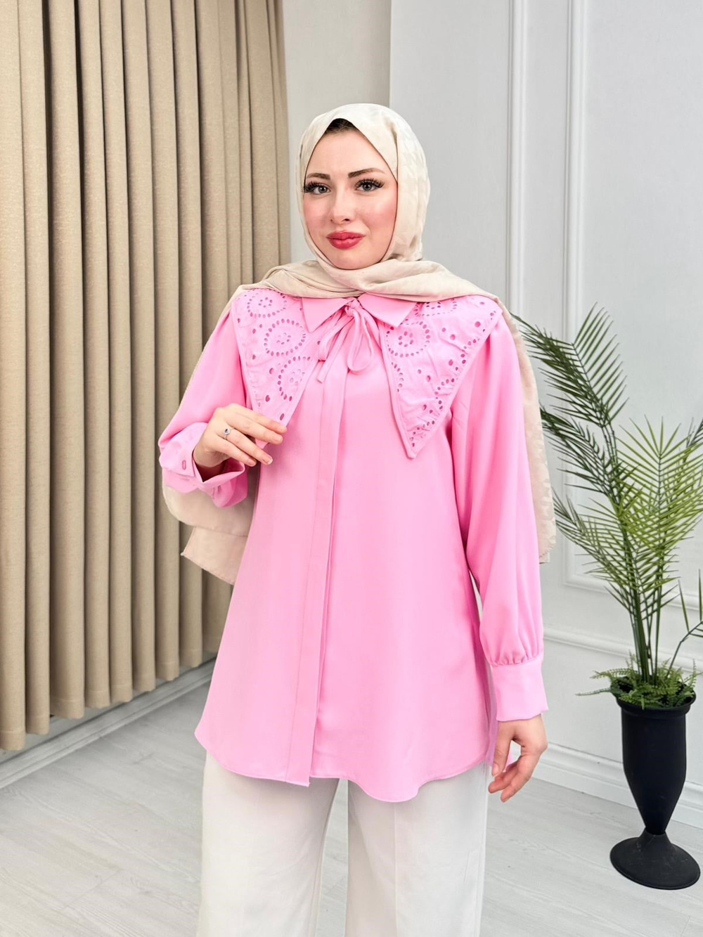 Tx2175-Brode Nakışlı Geniş Yakalı Gömlek-Pembe