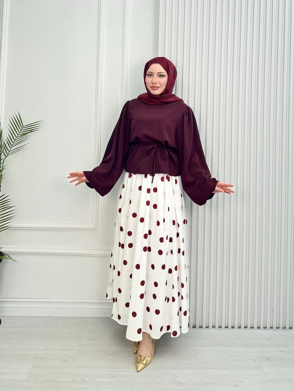 Wb4464-Puantiye Etek Takım-Bordo