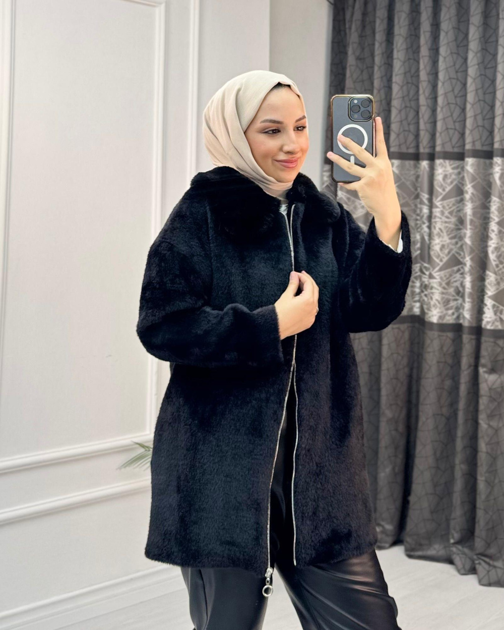 Wx0141-Angora Kürk Kaban-Siyah