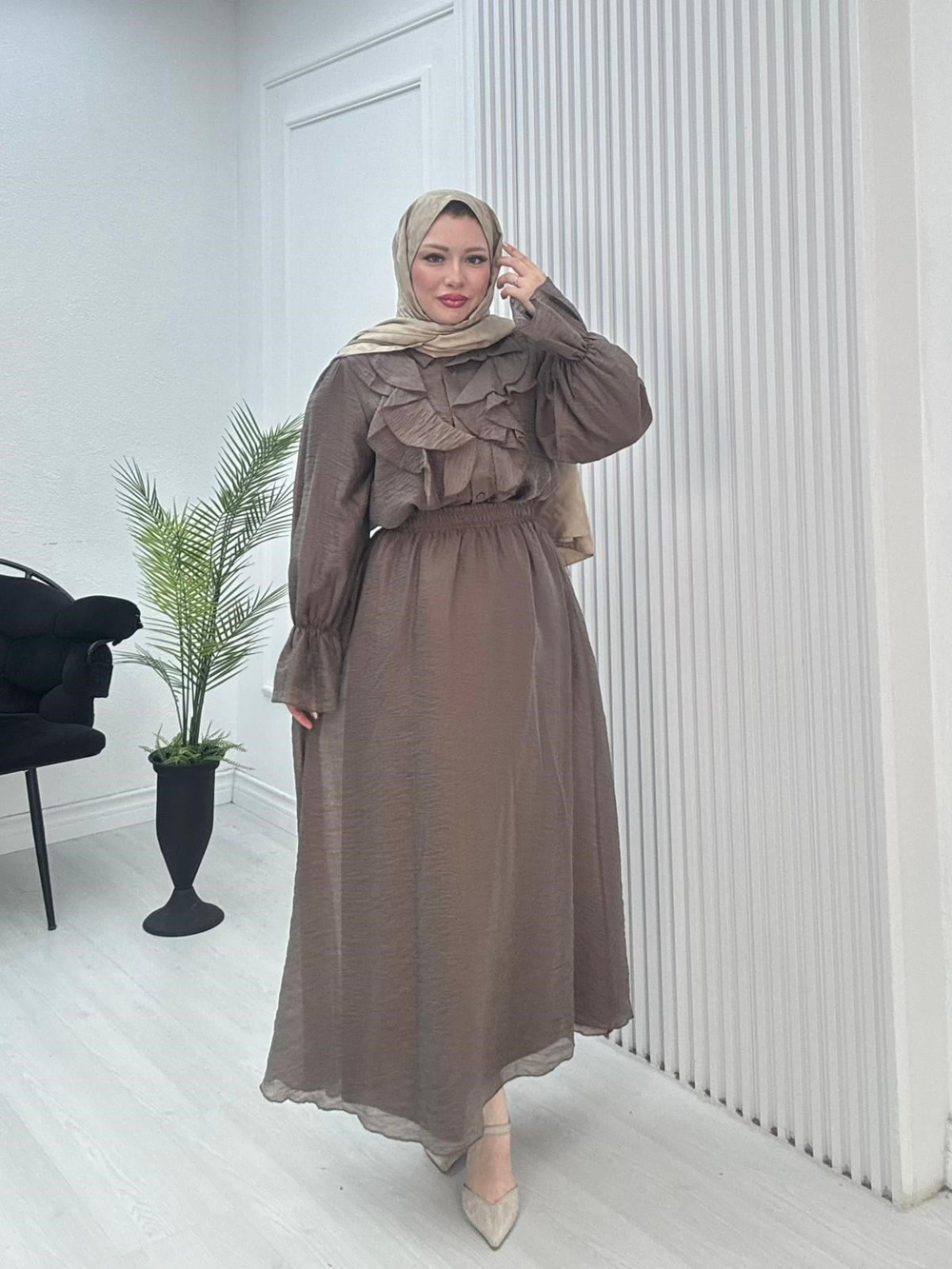 Yb3435-Aura Vual Etekli Takım-Soft Kahverengi