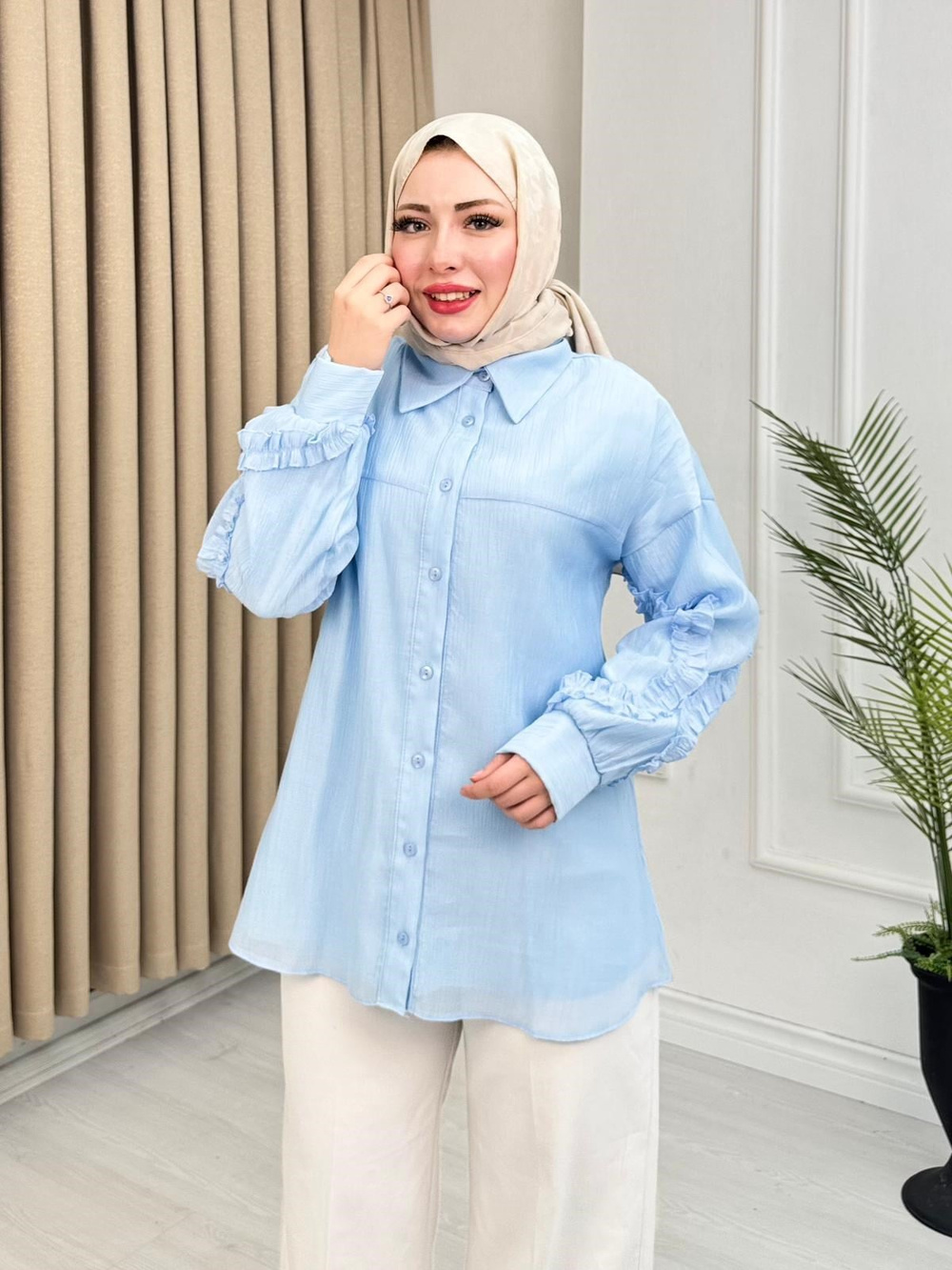 Yf2174-Lilya Fırfır Detaylı Gömlek-Mavi
