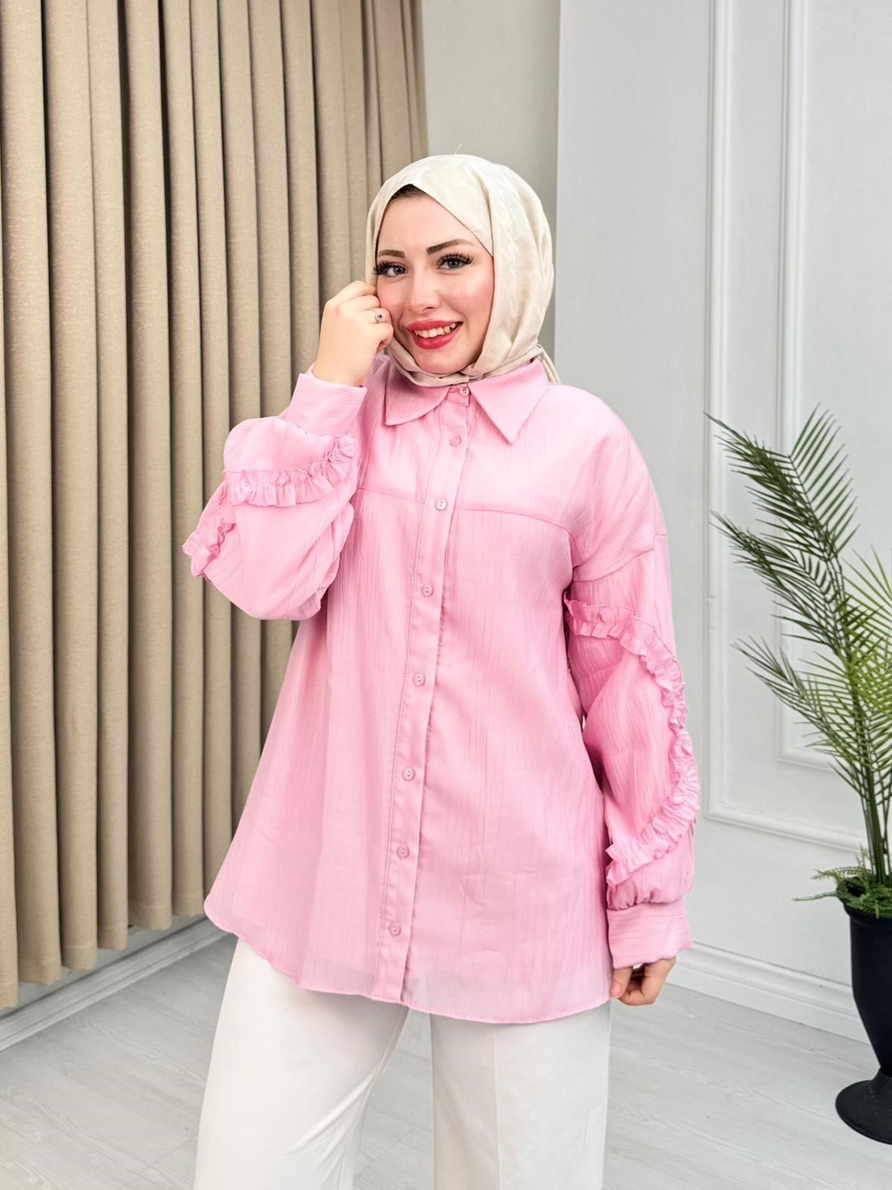 Yf2174-Lilya Fırfır Detaylı Gömlek-Pembe