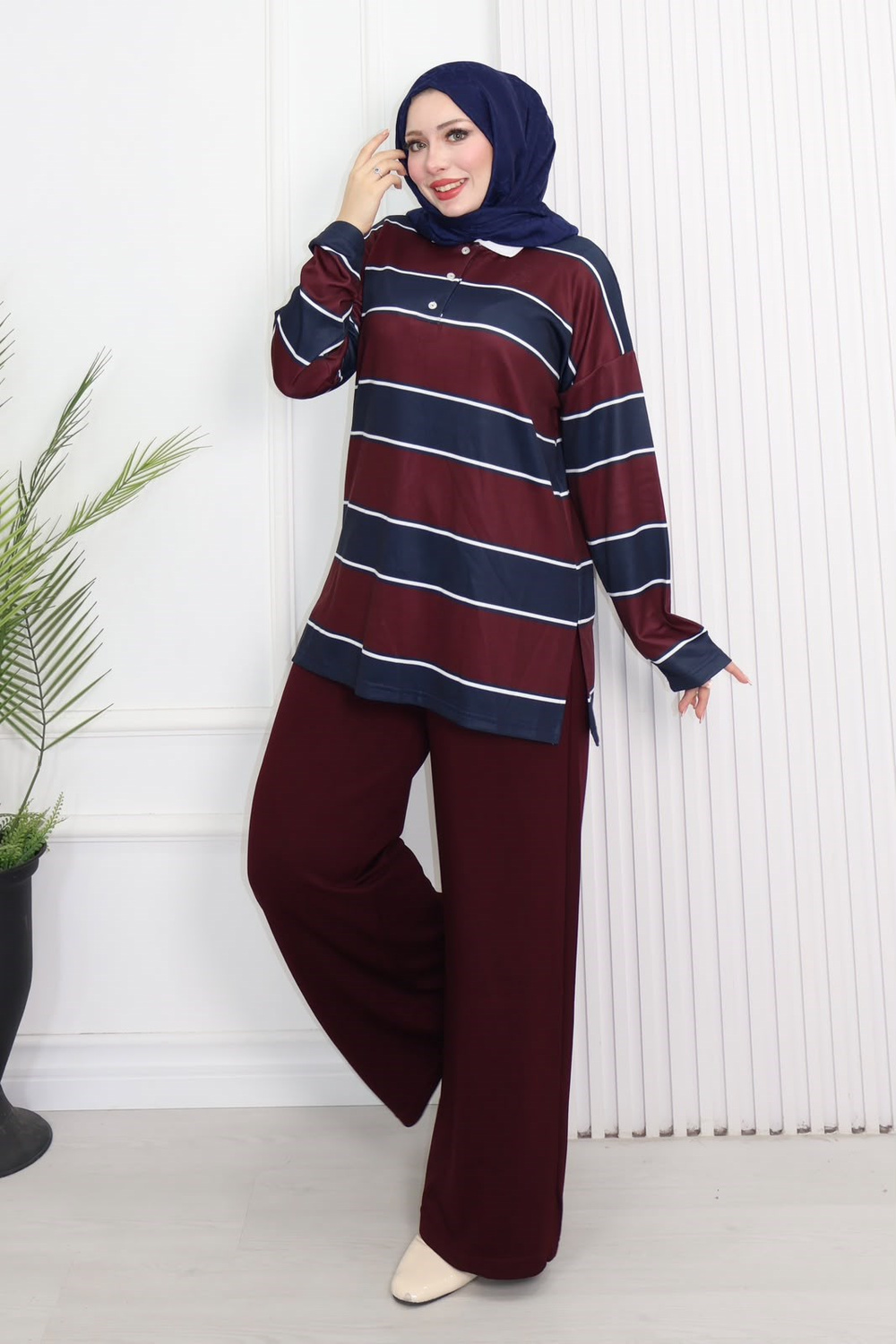 Zr8327-Çizgili Oysho Pantolonlu Takım-Mürdüm