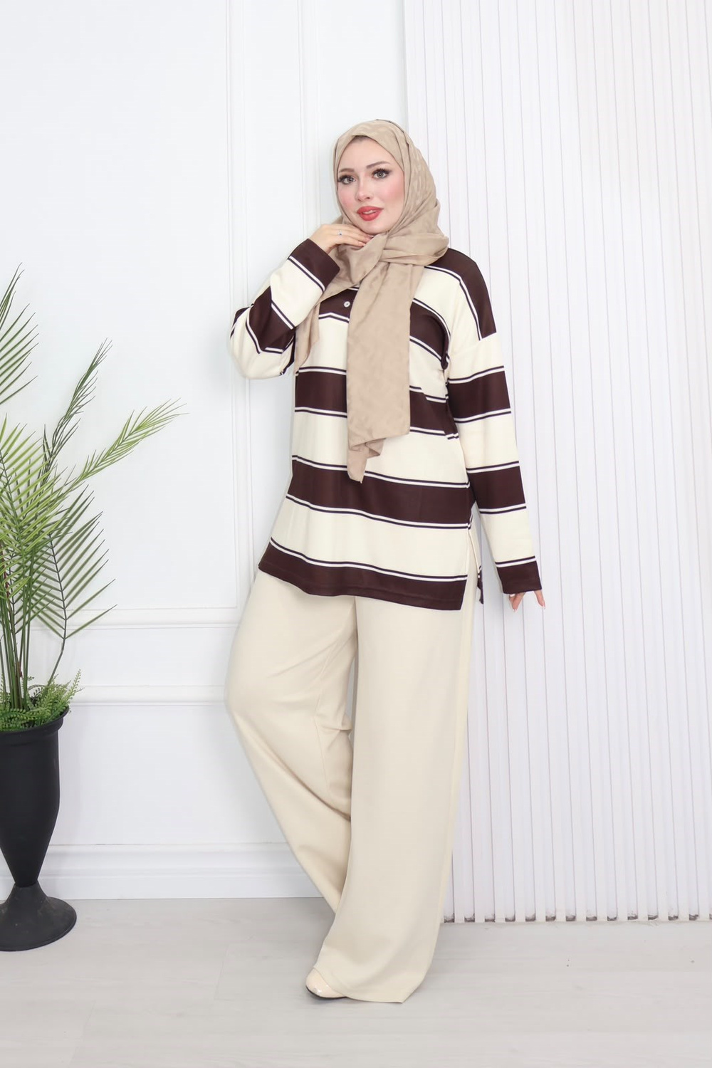 Zr8327-Çizgili Oysho Pantolonlu Takım-Ekru