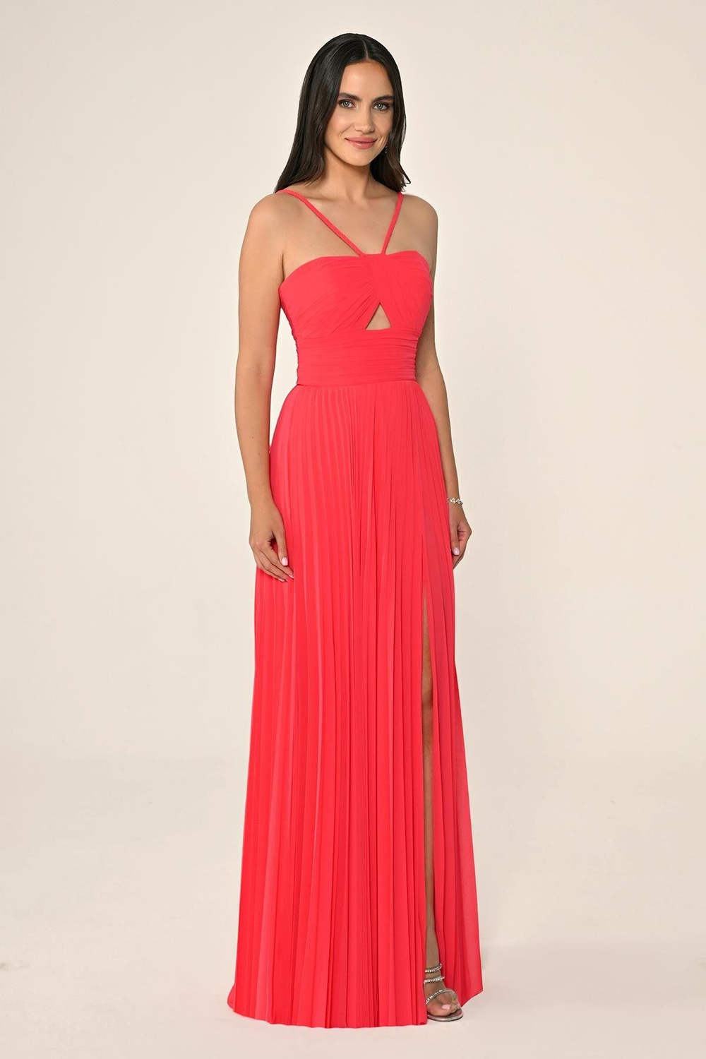 Alfa Beta Alfa Beta Kadın İp Askılı Uzun Boy Pileli Boyundan İp Bağlamalı Fuşya Abiye & Mezuniyet Elbisesi AB7135-A.FUŞYA