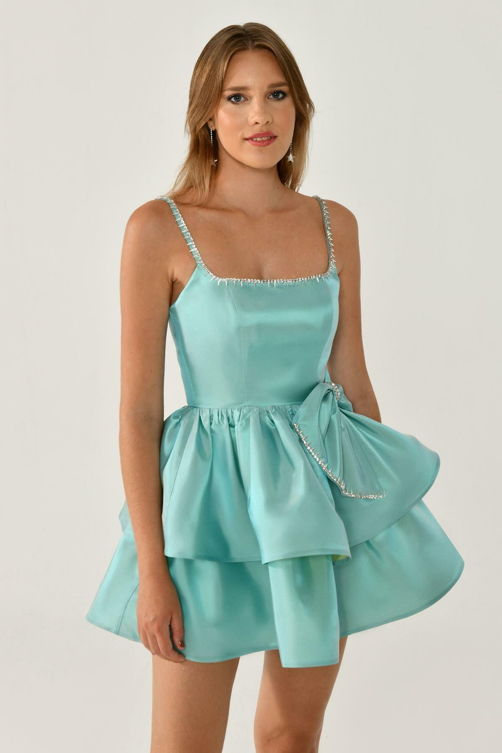 Alfa Beta Alfa Beta Kadın Mini Boy Desenli İp Askılıklı Şifon Kumaş Yeşil Abiye & Mezuniyet Elbisesi AB6572-SU YEŞİLİ