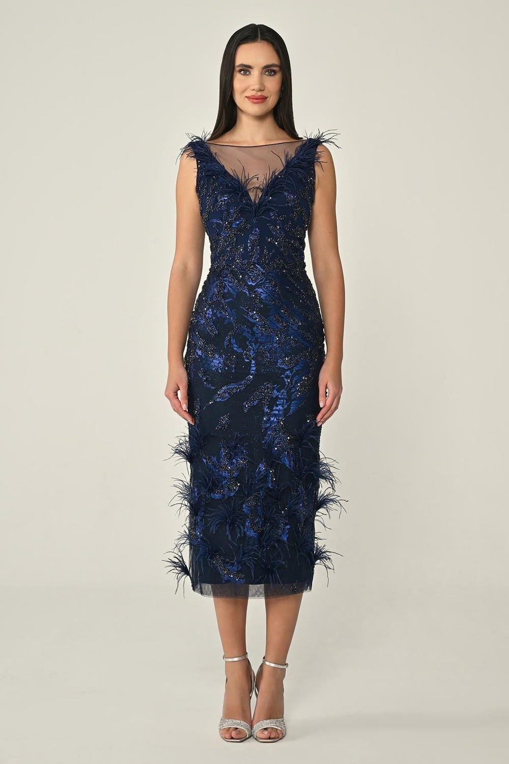 Alfa Beta Alfa Beta Kadın V Tüylü Yaka Uzun Pul Payet Şık Lacivert Abiye & Mezuniyet Elbisesi AB6898-LACİVERT