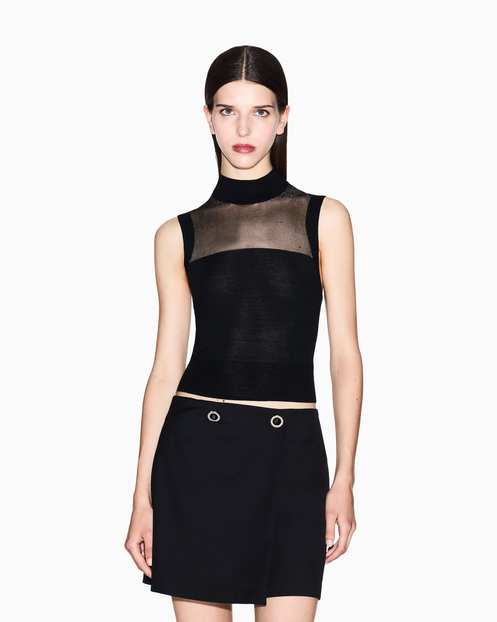 Armani Exchange Armani Exchange Kadın Dar Kalıp Balıkçı Yaka Tül Detaylı Crop Siyah Bluz XW001323 AF13781-MC108