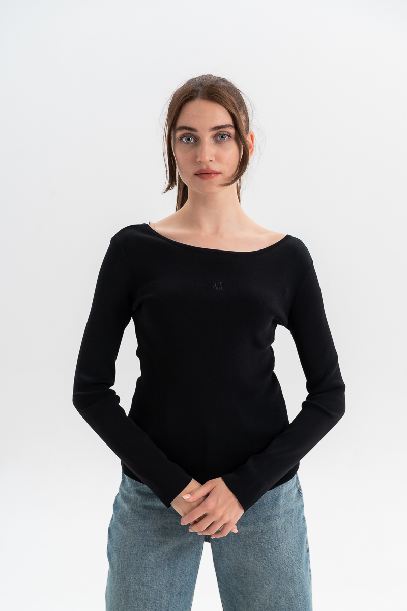 Armani Exchange Armani Exchange Kadın Dar Kalıp Nervürlü Yuvarlak Yakalı Uzun Kollu Siyah Kazak XW001447 AF10352-UC001
