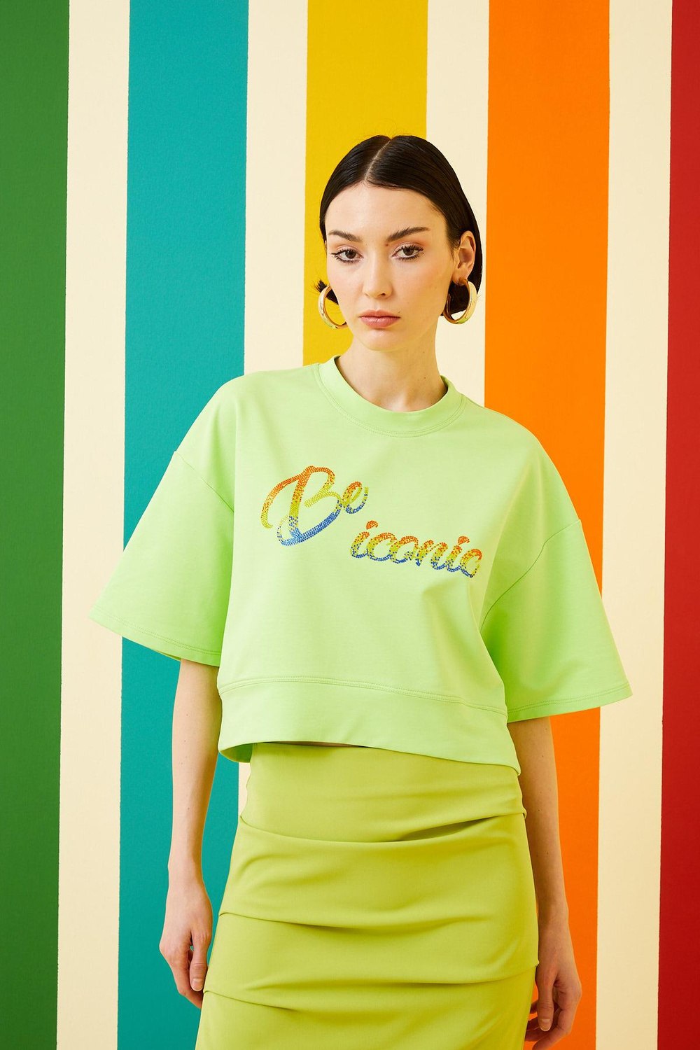 Berrin Berrin Kadın Baskılı  Kısa Kol Yuvarlak Yaka Standart Boy Günlük Asit Sweatshirt HBR7113-ASİT