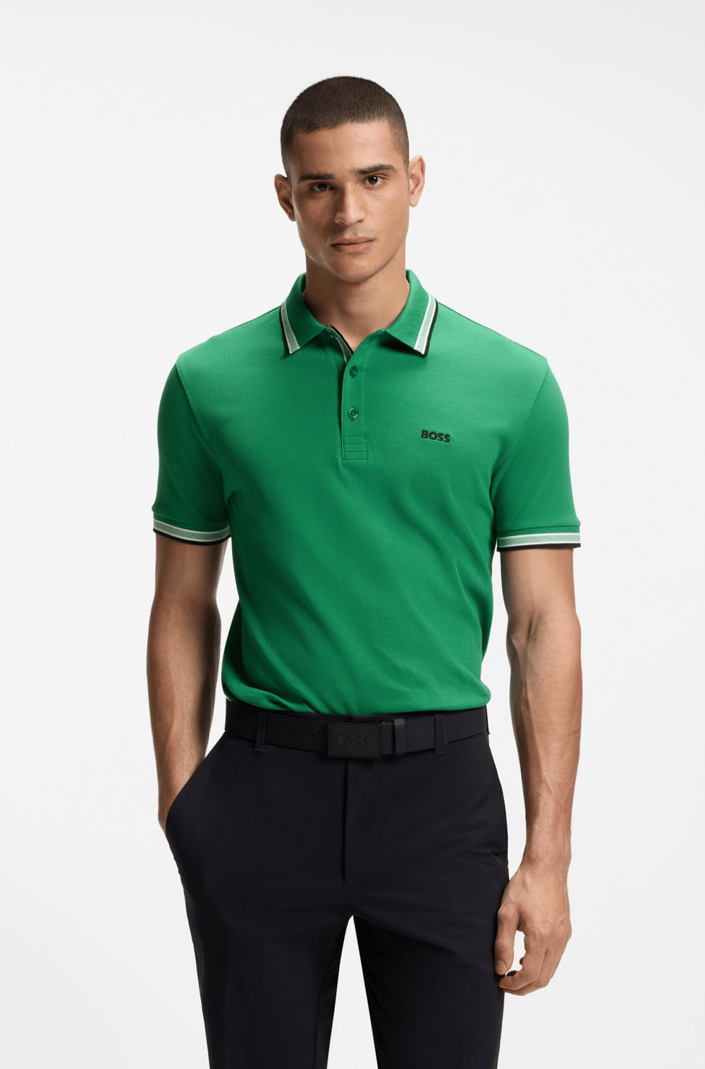 BOSS  BOSS Erkek Kısa Kol  Polo Yaka Yaka Ve Kol Uçları Renkli Şerit Kapama Yeşil Polo Yaka T-Shirt 50469055-320