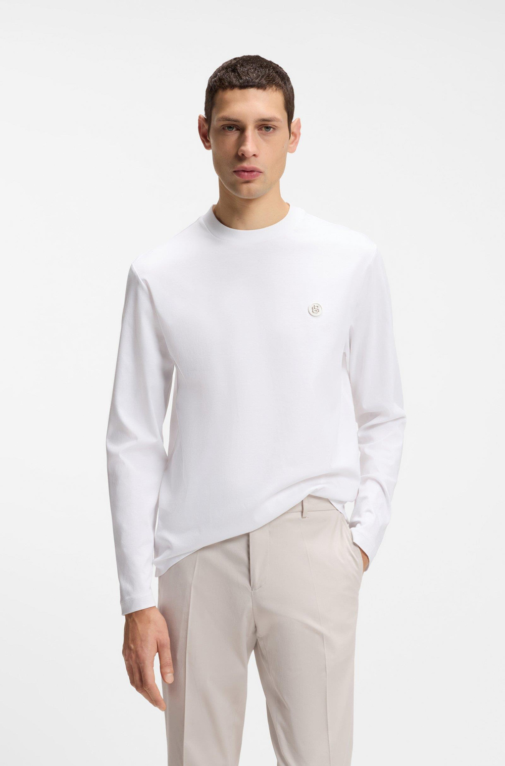 BOSS  BOSS Erkek Normal Kalıp %100 Pamuklu Logo Baskılı Uzun Kollu Beyaz Sweatshirt 50555107-100